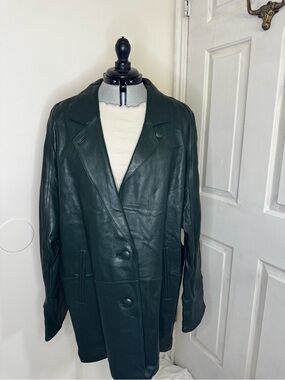 Vintage Dark Green Leather Double-Breasted Jacket